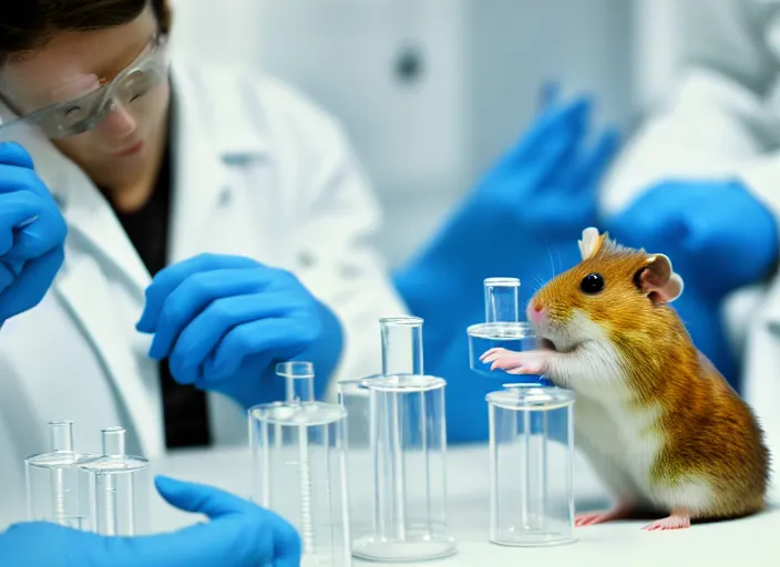 Image similar to film still of a hamster working in a research lab filling test tubes, 8 k