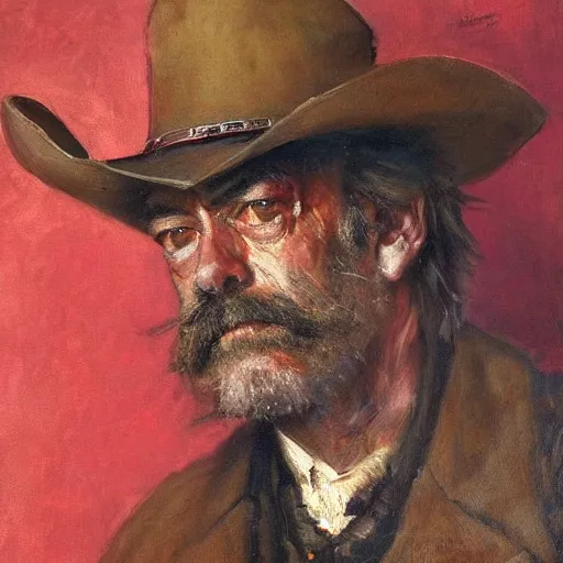 Image similar to Solomon Joseph Solomon and Richard Schmid and Jeremy Lipking victorian genre painting portrait painting of Jack Elam a rugged cowboy gunfighter old west character in fantasy costume, red background