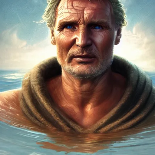 Prompt: poseidon, liam neeson, god of the ocean, d & d, fantasy, portrait, highly detailed, digital painting, trending on artstation, concept art, sharp focus, illustration, art by artgerm and greg rutkowski and magali villeneuve