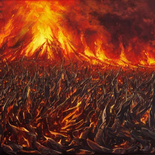 Prompt: hyper realistic oil painting of 10 thousand swords in a huge fire with embers rising up and war in the background