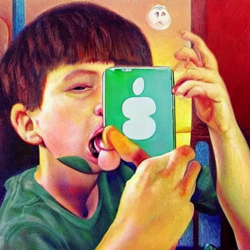 Prompt: surrealistic painting of an internet addicted child being sucked into his phone