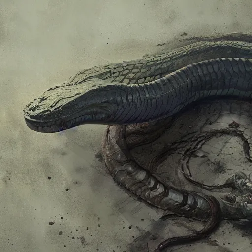 Prompt: a huge anaconda in a dark grave wrapped around a dead body, horror ,digital art,realistic,detailed,art by greg rutkowski