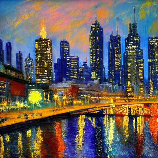 Prompt: melbourne at night, impressionist