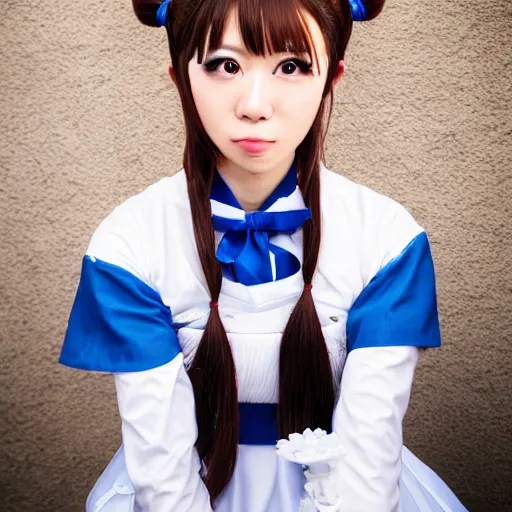 Image similar to a symmetric and beautiful face, high definition photo of a cosplayer with twin tails, wearing maid uniform, photo taken with Sony a7R