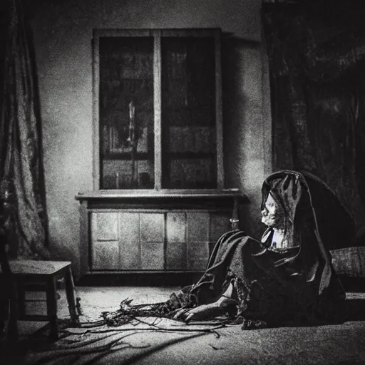 Image similar to creepy witch sitting in dark living room, horror movie still, realistic, found footage, atmospheric, evil, nightmare, film grain