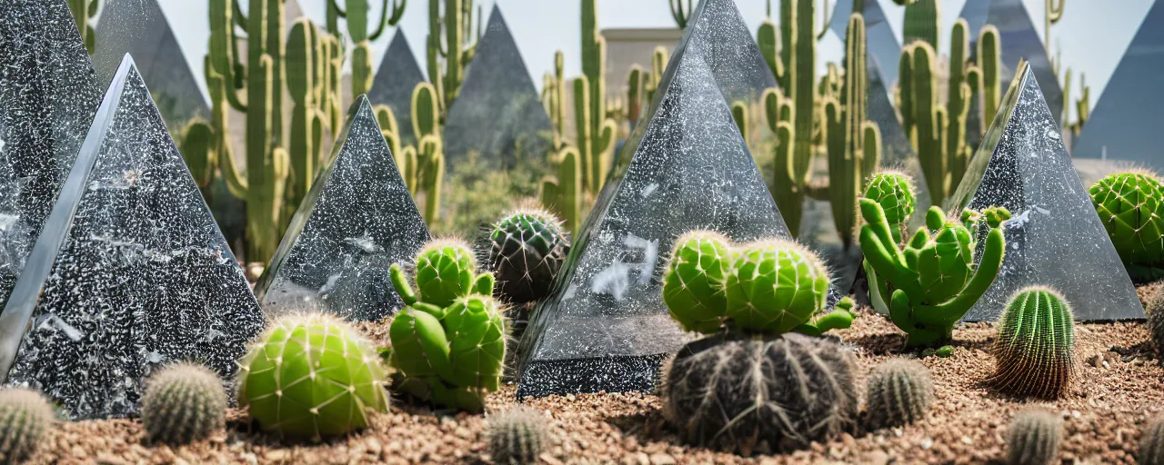 Image similar to electrostatic water condensation collector pyramid, irrigation, vertical gardens, cacti, in the desert, urban planning, futurism, concept art, XF IQ4, 150MP, 50mm, F1.4, ISO 200, 1/160s, natural light