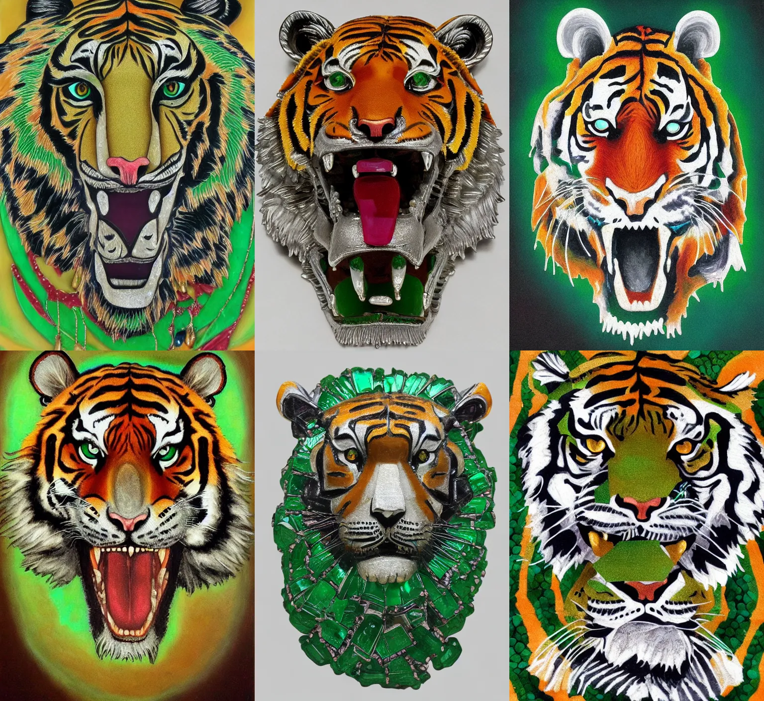 Prompt: tiger made of emerald and ruby, surrealism, ornate, oriental