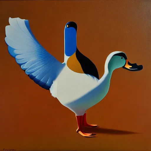 Prompt: a duck on the prowl oil painting erik bulatov