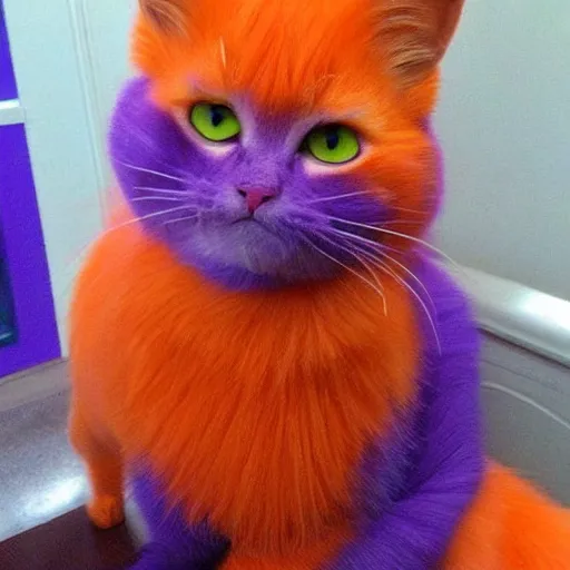 Image similar to orange cat, with his hair died purple to look like the cheshire cat, photo