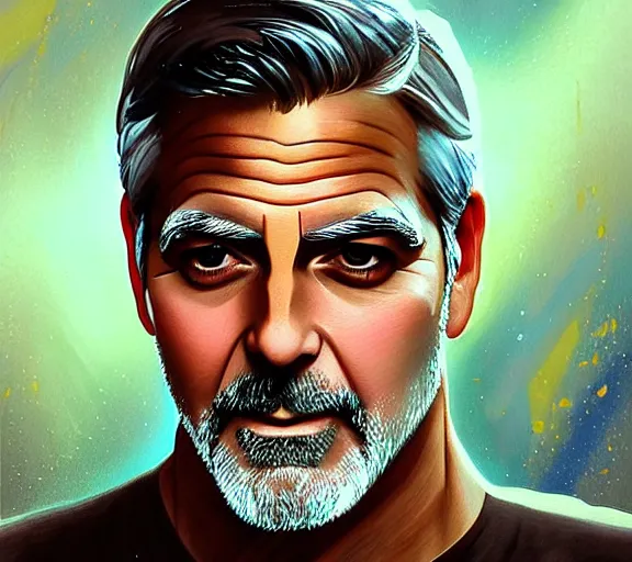 Prompt: portrait of george clooney, fire in eye, snow glow, pool party, highly detailed, digital painting, artstation, sharp focus, illustration, art by tan zi and ayanamikodon and alphonse mucha and wlop