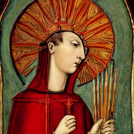 Image similar to a woman with red short hair, red hair, wearing a medieval armor, intricated details armor, holy knight, a halo on her head, holy saint, holy ichonography, catholic fresco