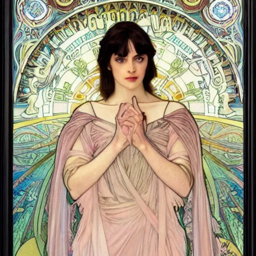 Prompt: a combination of Alexandra Daddario, Maisie Williams, Krysten Ritter, Anne Hathaway and Natalia Dwyer Christina Ricci and Lily Collins by Alphonse Mucha, Magali Villeneuve and Livia Prima