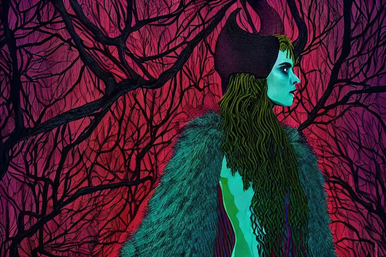 Image similar to editorial illustration by Karolis Strautniekas and Mads Berg, colorful,full body portrait of a forest priestess in a feathered robe,fine texture,detailed, ,film noir, dramatic lighting, dynamic composition,moody, vivid