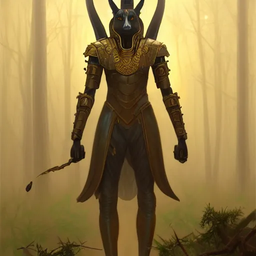 Image similar to long shot photo of humanoid anubis wear in golden heroic armour in the foggy forest, foggy bottom, highly detailed, digital painting, artstation, smooth, sharp focus, illustration, art by artgerm and greg rutkowski and alphonse mucha