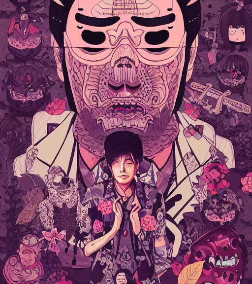 Image similar to portrait, nightmare anomalies, leaves with yakuza by miyazaki, violet and pink and white palette, illustration, kenneth blom, mental alchemy, james jean, pablo amaringo, naudline pierre, contemporary art, hyper detailed