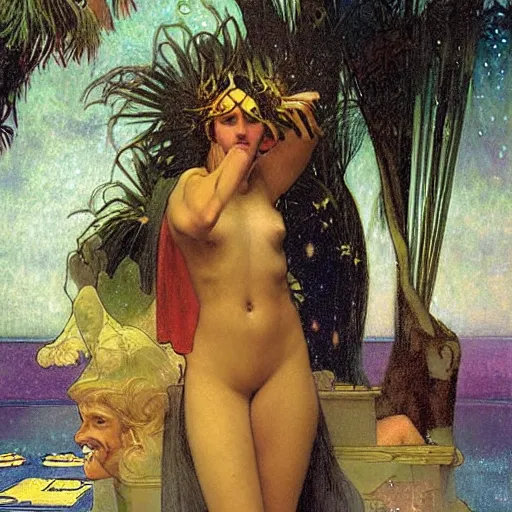 Image similar to Demon Girl at the palace, refracted sparkles, thunderstorm, greek pool, beach and Tropical vegetation on the background major arcana sky, by paul delaroche, alphonse mucha and arnold böcklin, hyperrealistic 8k, award-winning, very very very detailed