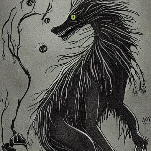 Prompt: ghoul wolf, cryptid, creature, horror art