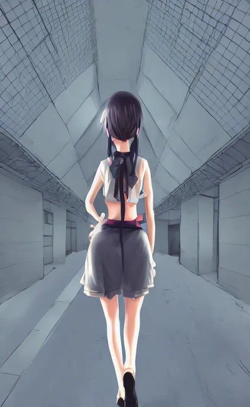 Prompt: a detailed anime girl walking towards the camera, extreme three point perspective, beautiful anime scene, professional digital art, 4k ultra