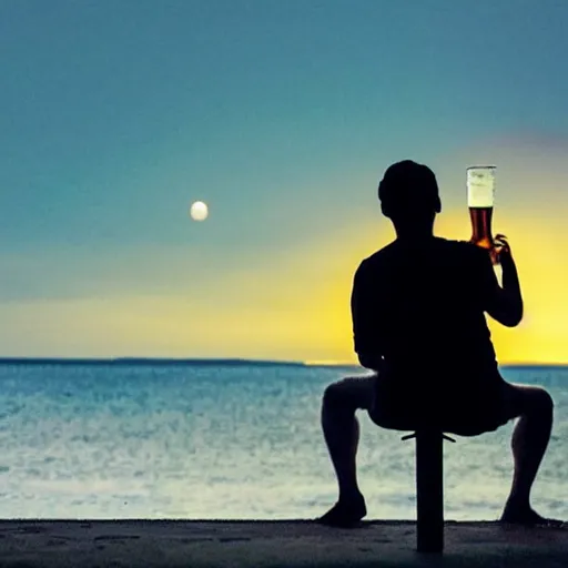 Prompt: a man with a beer watching the moon crash into the sea