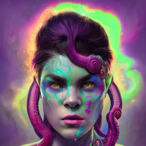 Image similar to art portrait of a furious girl with purple tentacles on her head, and bright green eyes, 8k,by tristan eaton, Stanley Artgermm,Tom Bagshaw,Greg Rutkowski,Carne Griffiths,trending on DeviantArt, face enhance,hyper detailed ,full of colour,