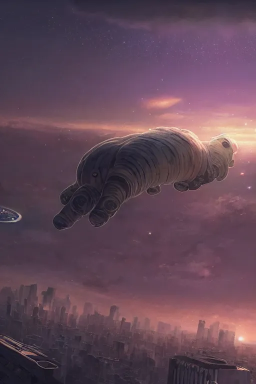 Image similar to a giant cosmic tardigrade!!! descending on the tokyo!!! skyline at sunset, unreal engine, 4 k, illustration, comprehensive art, thorough details, intricate, artstation atmosphere, highly detailed, concept art, greg rutkowski, digital painting, studio ghibli, takashi murakami, gregory crewdson cinematic lighting, 4 k