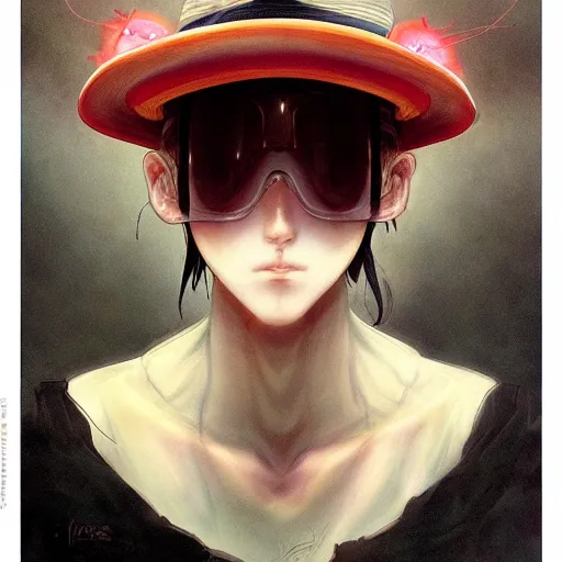 Image similar to prompt : epic hat character portrait soft light painted by james jean and katsuhiro otomo and erik jones, inspired by evangeleon anime, smooth face feature, intricate oil painting, high detail illustration, sharp high detail, manga and anime 1 9 9 9