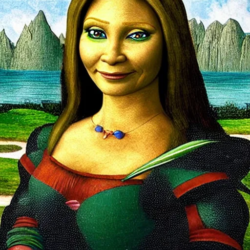 Image similar to shrek from shrek with long lush golden hair attractive muscular stylish knight in shining golden armor with long lush golden hair a strong jaw and attractive green eyes, fantasy art, hyper detailed, extremely complex, hyper realistic, similar to the mona lisa, art by leonardo devinci