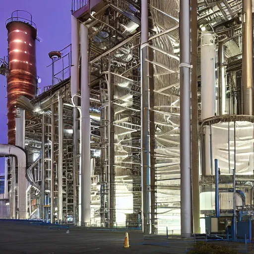 Image similar to photo of a factory exterior at night. lots of illuminated catwalks and gangways surrounding tall silos. various tubes and pipes run in raceways along the site.