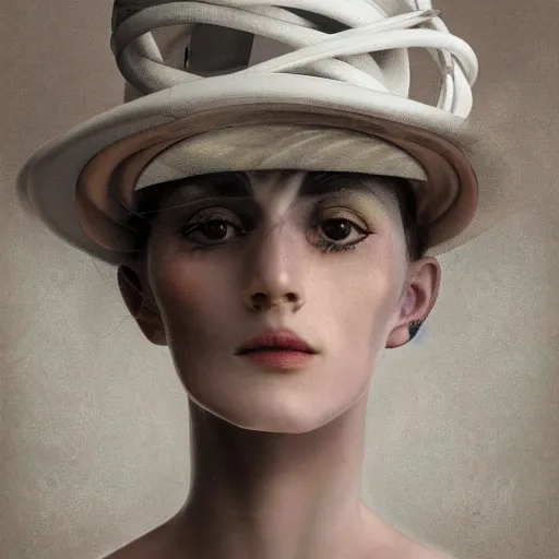 Prompt: a beautiful Futuristic portrait with hat made by wires and white flowers twisted around her face ,design by Leonardo DaVinci ,designed by gucci , inspired by egon schiele ,modern art,baroque art, new classic,hyper realistic,cinematic composition,cinematic lighting,fashion design, concept art, hdri, 4k -