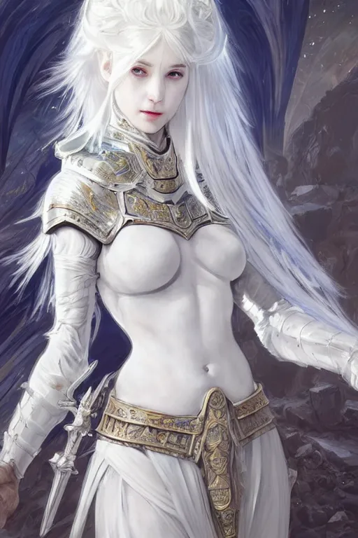 Image similar to portrait white hair knights of zodiac girl, matt white ice color armor, in ruined agora of athens, ssci - fi and fantasy, intricate and very very beautiful and elegant, highly detailed, digital painting, artstation, concept art, smooth and sharp focus, illustration, art by tian zi and wlop and alphonse mucha and ilya kuvshinov