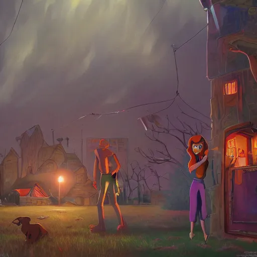 Image similar to scooby doo where are you from 1 9 6 9 background, creppy ambience, dark, painting, highly detailed, artstation, background painting.