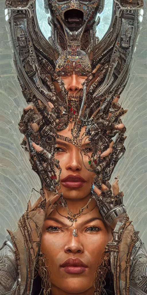 Image similar to HDR portrait photography of The Benevolent Cyborg Queen vertically mirrored above The Evil Cyborg King, ethnic, fantasy, intricate, elegant, highly detailed, African, Egyptian, Aztec, Mayan, digital painting, artstation, HDR photo, smooth, sharp focus, illustration, art by artgerm and greg rutkowski and alphonse mucha