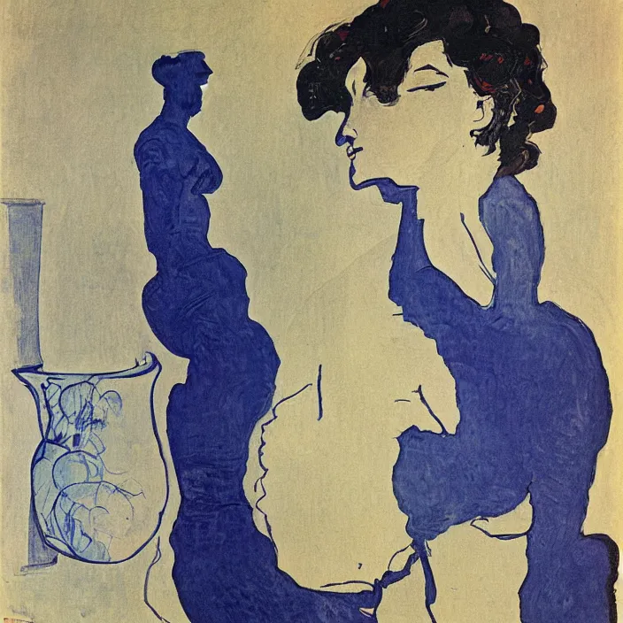 Prompt: woman with painted vase with vase. deep dark indigo blue. henri de toulouse - lautrec, ferdand hodler, egon schiele, gauguin, utamaro