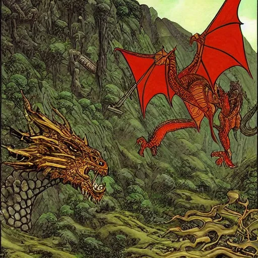 Image similar to “ epic dragon fighting scene over forest and ancient city by moebius and victo ngay ”