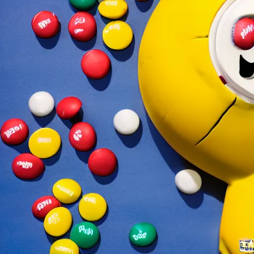 Image similar to a single yellow m & m candy with white arms and legs holding a microphone, a yellow sphere wearing a white baseball cap, eminem as a m & m candy standing on a floor covered with m & m candies, m & m candy dispenser, m & m plush!!!, unreal engine, studio lighting, unreal engine, volumetric lighting, artstation