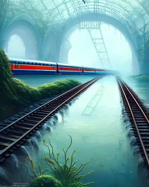 Image similar to train tracks stretching out toward the horzon that are slightly submerged under a wide pool of water, intricate, elegant, highly detailed, digital painting, artstation, concept art, smooth, sharp focus, illustration, art by artgerm and greg rutkowski and fra angelico