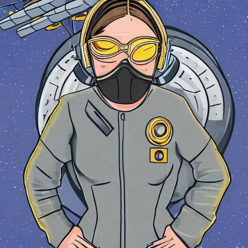 Prompt: detailed portrait of heroic square - jawed emotionless serious blonde butch woman starship engineer, tribal tattoos, with dark brass victorian goggles, handsome, short slicked - back hair, wearing ripped dirty flight suit, looking distracted, awkward, standing in front of small spacecraft, vintage sci fi, no outline, rough paper