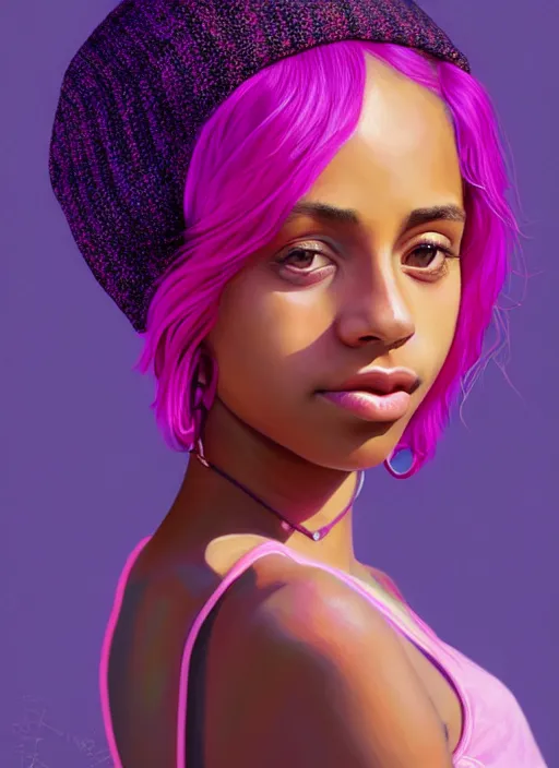 Image similar to portrait of teenage vanessa morgan with bright pink hair, black girl, curly pixie cut hair, wearing a purple breton cap, breton cap, hoop earrings, intricate, elegant, glowing lights, highly detailed, digital painting, artstation, concept art, smooth, sharp focus, illustration, art by wlop, mars ravelo and greg rutkowski