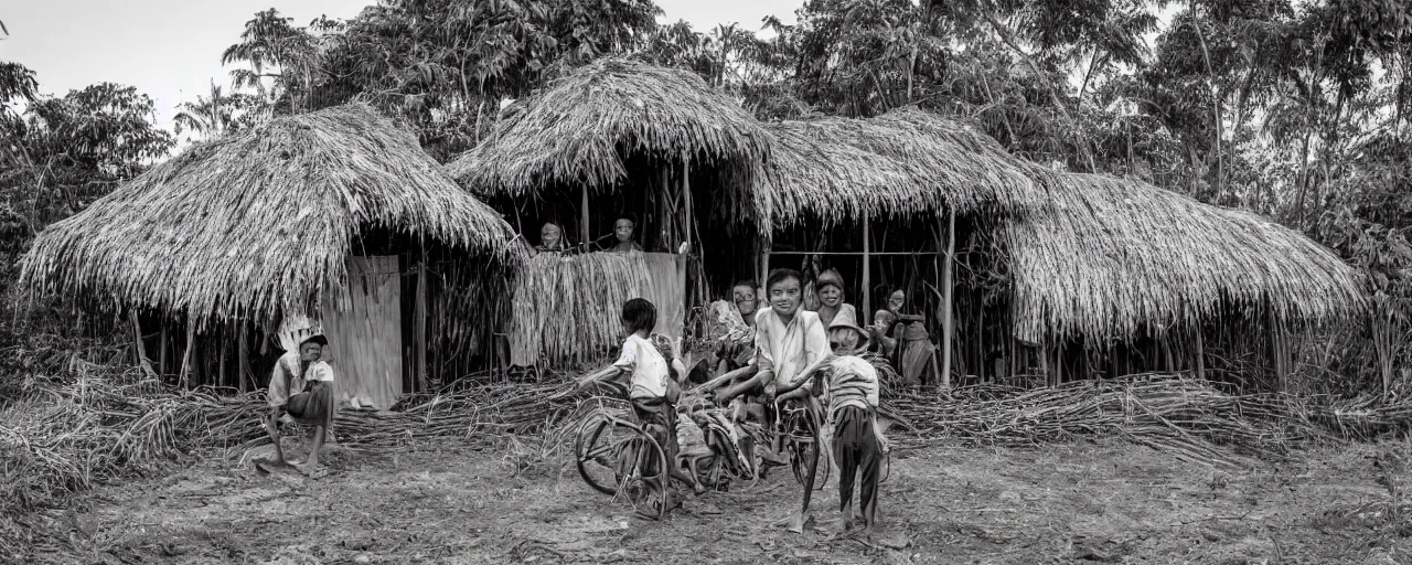 Prompt: rural vietnamese village building hut out of spaghetti, ultra - realistic faces, fine detail, canon 5 0 mm, in the style of ansel adams, wes anderson, kodachrome