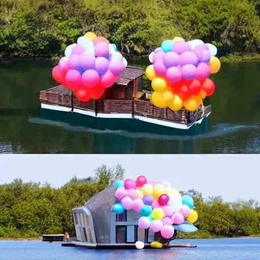 Image similar to floating house inspired by movie up, held by ballons in the air