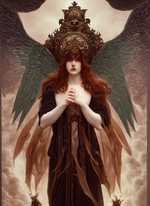 Image similar to majestic satanic death angel porcelain skin man movie poster, art style by edmund leighton, tom bagshaw, alphonse mucha, exquisite digital art, haunting, masterpiece, organic painting, photorealistic, ornate and hyper detailed