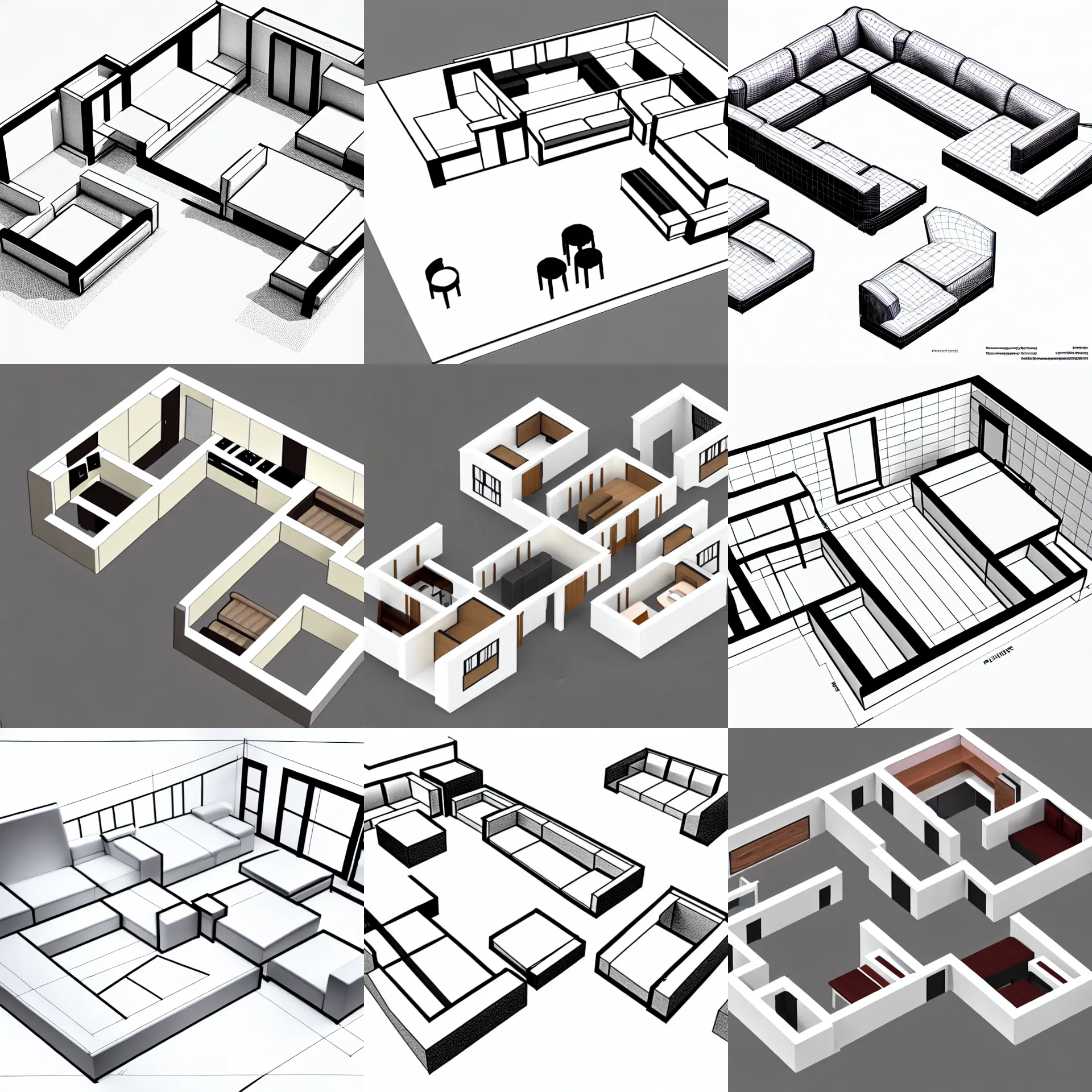 Prompt: furniture layout drawings of a modern house designer, 3 d, angled view,