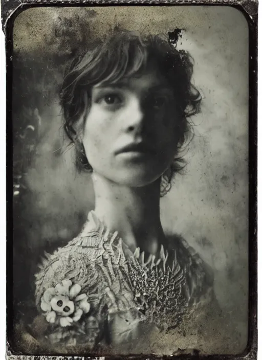 Image similar to old wetplate daguerreotype portrait, explosion of data fragments, fractal, intricate, elegant, highly detailed, parallax, leica, medium format, subsurface scattering, by marie harnett