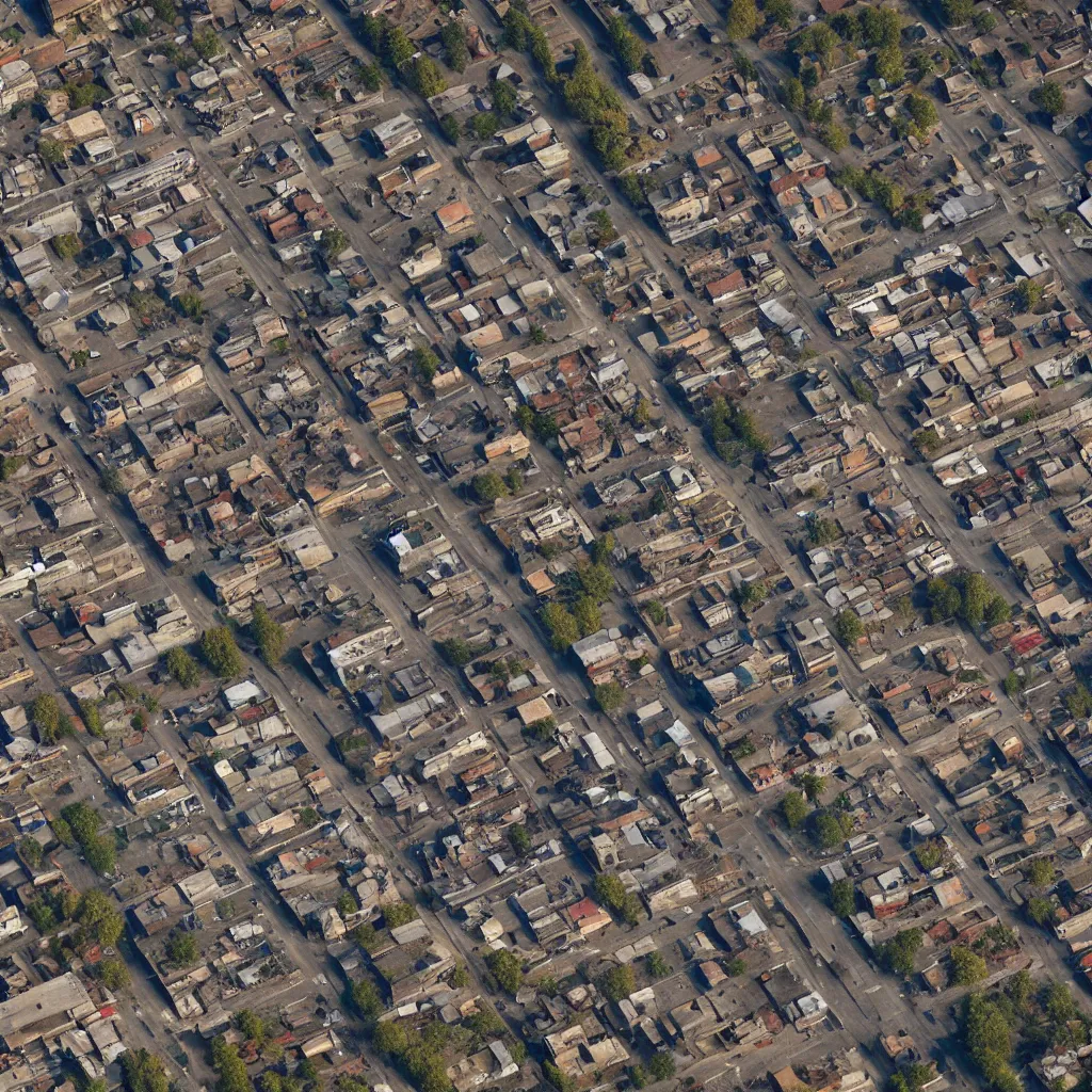 Prompt: top down aerial view of dilapidated city center in real life, desolate with zombies, dilapidated, zombies in the streets, nightmarish, some rusted style parked vehicles, sunny weather, few clouds, volumetric lighting, photorealistic, daytime, autumn, sharp focus, ultra detailed, cgsociety