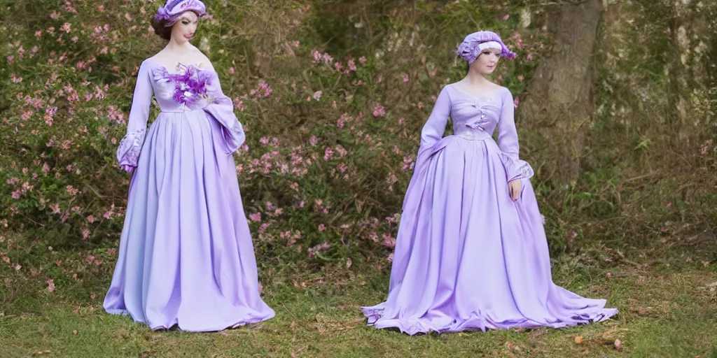 Image similar to character costume setting sheet, costume design, a lilac long gown with light blue cherry blossoms, long sleeves, and a veil headpiece, full body, vintage, highly detailed, outfit, 4 k, photo realistic, cinematic