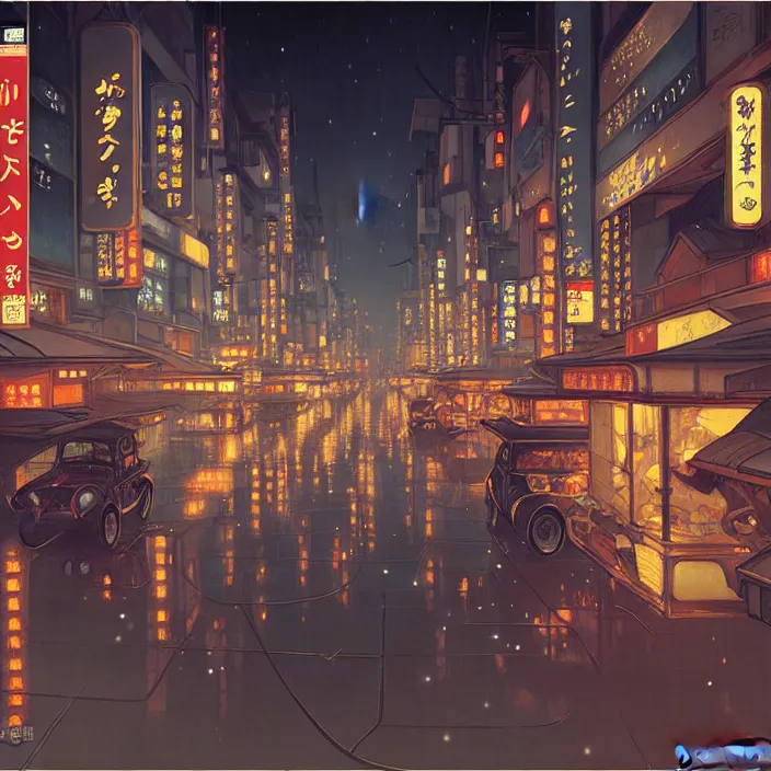 Image similar to empty tokyo at night, winter, in the style of studio ghibli, j. c. leyendecker, greg rutkowski, artem