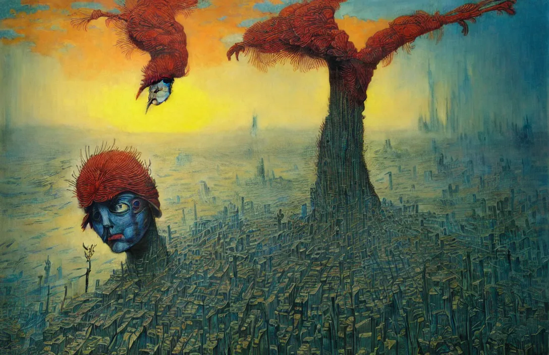 Image similar to realistic detailed portrait movie shot of a birdman wearing dark ragged robes, futuristic city sunset landscape background by denis villeneuve, amano, yves tanguy, alphonse mucha, ernst haeckel, max ernst, roger dean, masterpiece, deepdream, rich moody colours, bird head, blue eyes, hyperdetailed