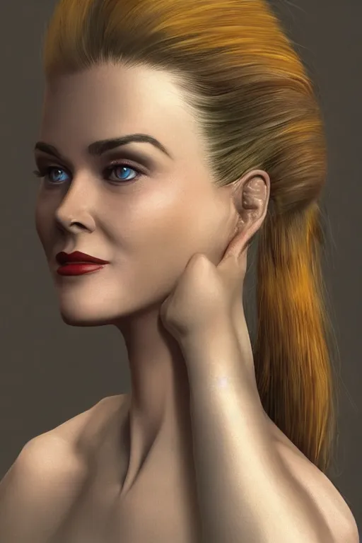 Image similar to mix of beautiful young maria shriver, mariel hemmingway, brooke shields, nicole kidman and elle macpherson as an alien creature, thin lips, hair tied up in a pony tail, dark blonde hair, colorful, artstation, cgsociety