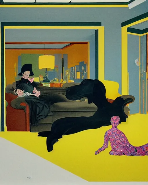 Image similar to old dead couple on couch with a big black dog in a yellow art deco interior room in the style of Francis Bacon and Syd Mead, open ceiling, highly detailed, painted by Francis Bacon and Edward Hopper, couple and dog painted by James Gilleard, surrealism, airbrush, very coherent, triadic color scheme, art by Takato Yamamoto and James Jean