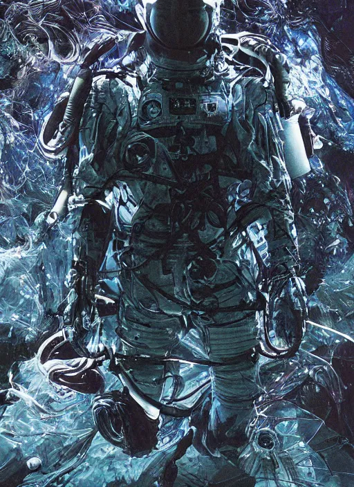 Image similar to astronauts in the dark infinite underwater void - complex and hyperdetailed technical suit, fabric material. reflection and dispersion materials. rays and dispersion of light. volumetric light. wide angle, f / 3 2. noise film photo. flash photography. ultra realistic, wide angle. poster by wayne barlowe, hajime sorayama aaron horkey, craig mullins